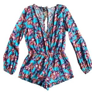 SAN JOY Floral Turquoise Romper V Neck Long Sleeve size M